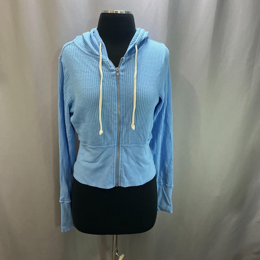 So Crop Zip Up Hoodie Womens Large Light Blue Textured Waffle Knit Ribbed Cuffs